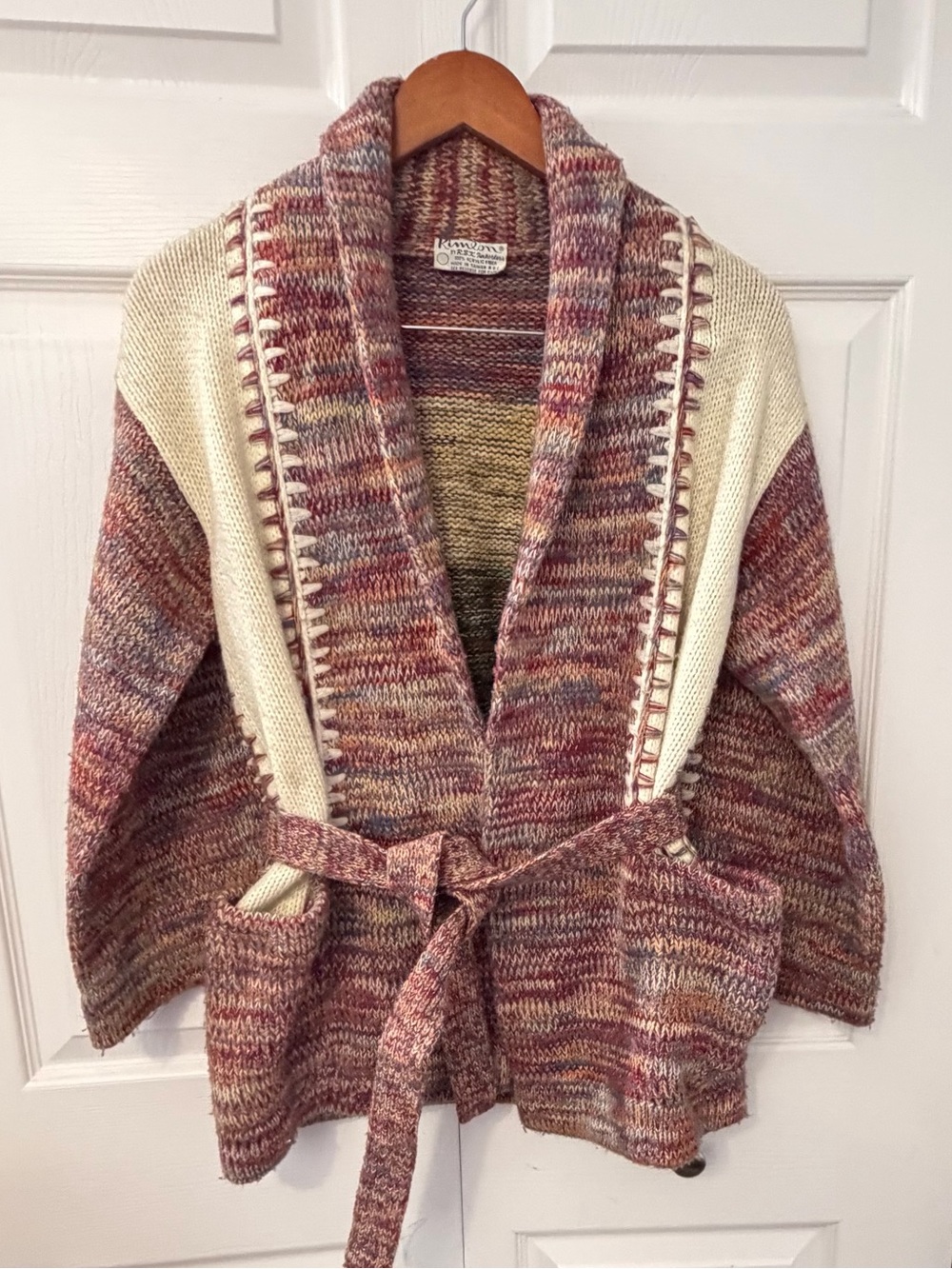 Shawl-Collar Multicolor Knit Cardigan with Cream Accents